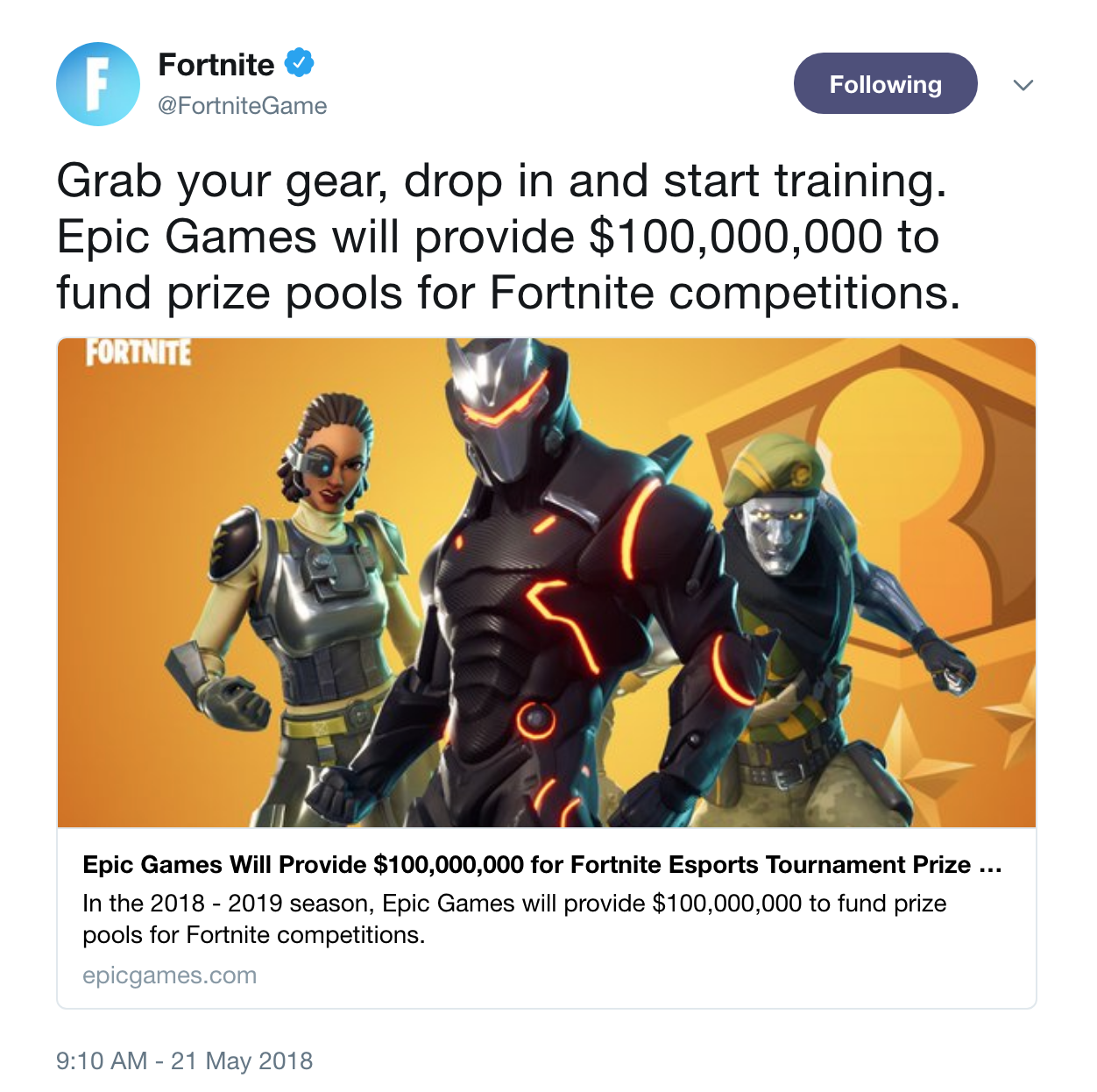 epic games fortnite tweet 100m - fortnite sydney tournament